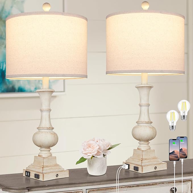 26" Farmhouse Table Lamps, Table Lamps for Living Room Set of 2 with USB A+C Ports & AC Outlet, Vintage Rustic Touch Control 3-Way Dimmable Boho Nightstand Lamp White Washed Resin for Bedroom Deocr