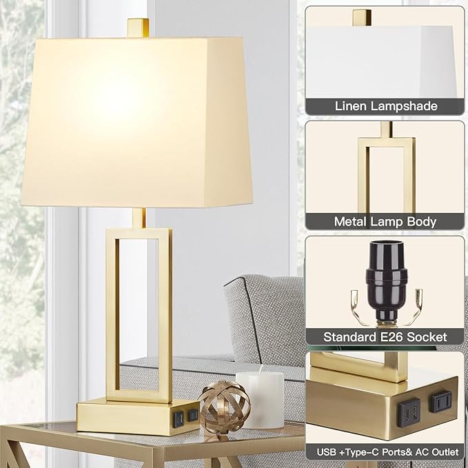 Touch Control Table Lamps Set of 2, Modern Gold Bedside Lamps with USB A+C Ports & AC Outlet, 3 Way Dimmable Contemporary Nightstand Lamps for Bedroom Living Room(LED Bulb Included)