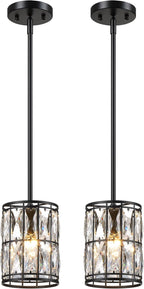 Modern Crystal Pendant Light Fixture 2-Pack Matte Black Finish Hanging Lighting Crystal Chandelier for Living Room, Kitchen