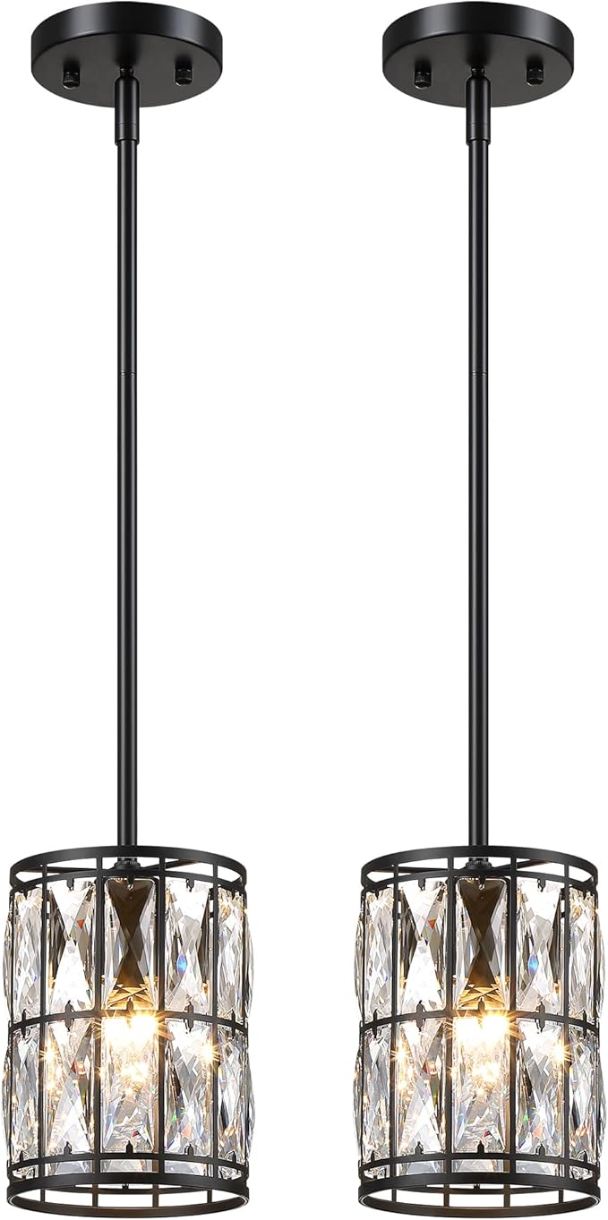 Modern Crystal Pendant Light Fixture 2-Pack Matte Black Finish Hanging Lighting Crystal Chandelier for Living Room, Kitchen
