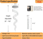 150 Inches Long Crystal Chandelier Large Spiral Stair Chandeliers for High Ceilings Foyer Entryway Flush Mount Ceiling Lights 36-Light Silver LED Dimmbale