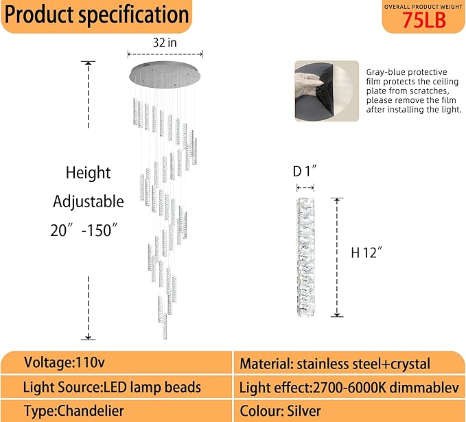 150 Inches Long Crystal Chandelier Large Spiral Stair Chandeliers for High Ceilings Foyer Entryway Flush Mount Ceiling Lights 36-Light Silver LED Dimmbale