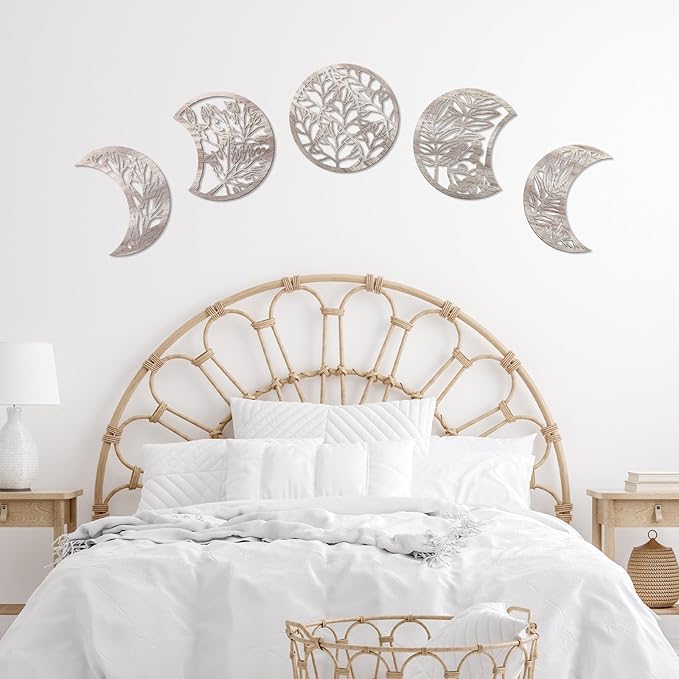 Jetec 5 Pcs Moon Phase Wall Art Decor Wall Pediments Hanging Wooden Moon Phase Spiritual Bedroom Nordic Boho Lunar Aesthetic Art for Living Room Dorm Apartment Bar Ornament(Retro Color,15.75 Inch)