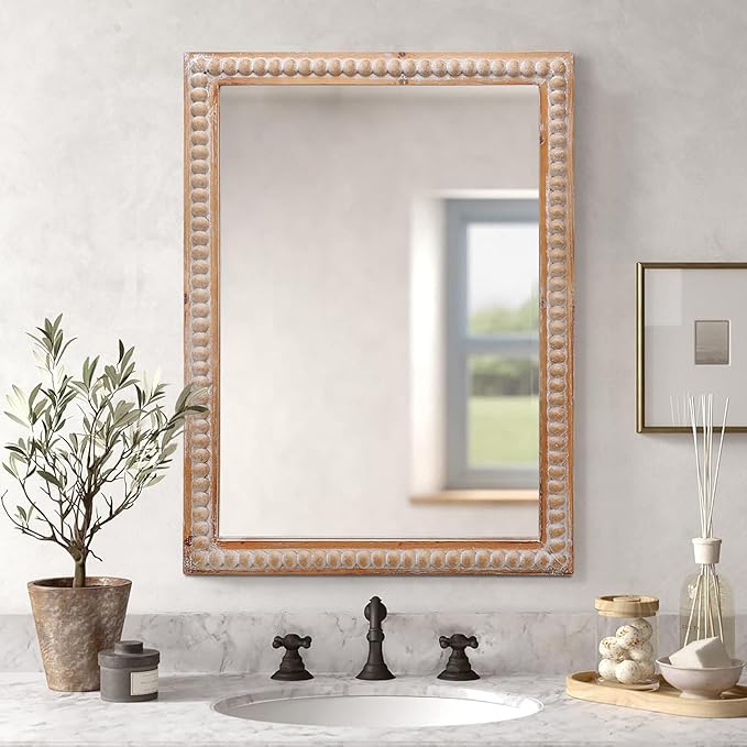Farmhouse Bathroom Mirror 22x30 Inch - Rectangular Wall Mirrors with Wood Frame & Beaded Design - Distortion-Free Glass, Horizontal/Vertical Mount or Freestanding