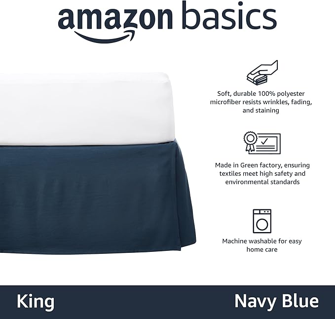 Amazon Basics Lightweight Pleated Bed Skirt, King, Navy Blue, Solid