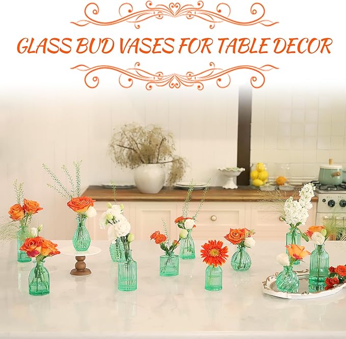 Green Vase, Bud Vases Set of 12, Small Green Glass Vases for Flowers Modern Ribbed Glass Bud Vase for Decor Wedding Flower Vase in Bulk Vintage Decor Bridal Shower Centerpieces Home Table Decoration