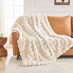 Cozy Faux Fur Throw Blanket for Bed-Warm Fuzzy Throw Blanket, Soft Plush Thick Bubble Blankets for Bedroom and Living Room, Furry Luxury Blanket, 60 x 80, Cream