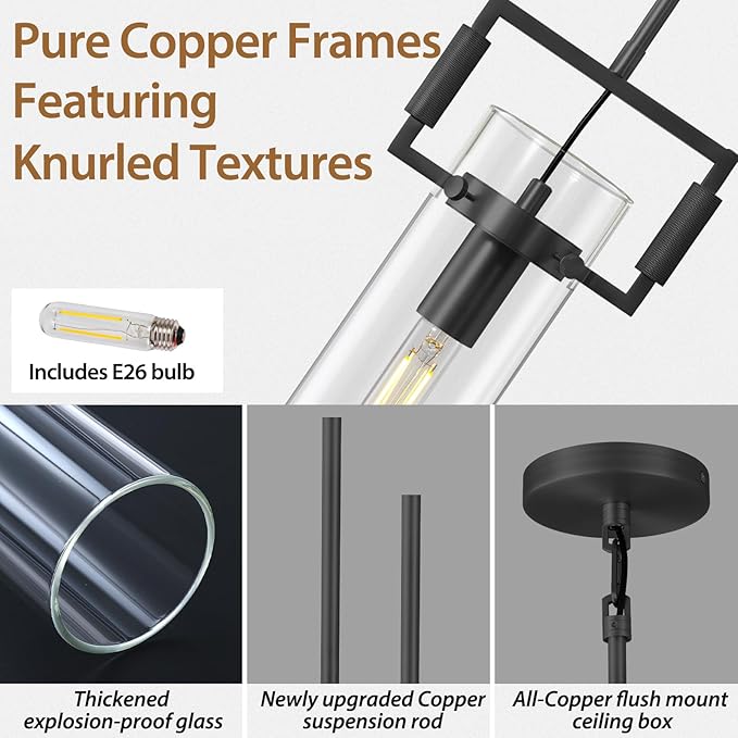 Black Pendant Lights Kitchen Island 2 pack,Modern Glass Knurled Pendant Light,12Inch Copper Kitchen Pendant Lighting Over Island,Farmhouse Island Lights for Kitchen Sink,Bathroom,Bedroom,Dinning Table