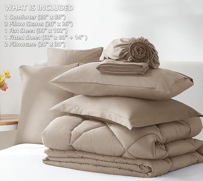 CozyLux Queen Comforter Set Khaki - Bed in a Bag Queen Size 7 Pieces, Luxury Soft Bed Set for All Seasons, Bedding Set with Down Alternative Comforter, Sheets, Pillowcases & Shams