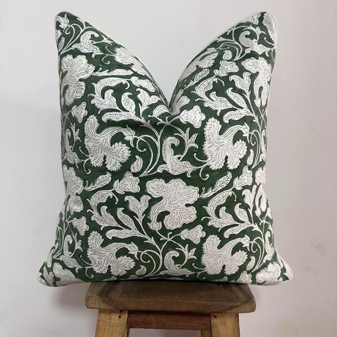 Ridhi Pantone Artichoke Green Block Print Canvas Cotton Throw Pillow Covers for Decorative Couch Pillows for Living Room, Chic Boho Cute Outdoor Thanksgiving Pillows Covers Gifts 18x18 Inches