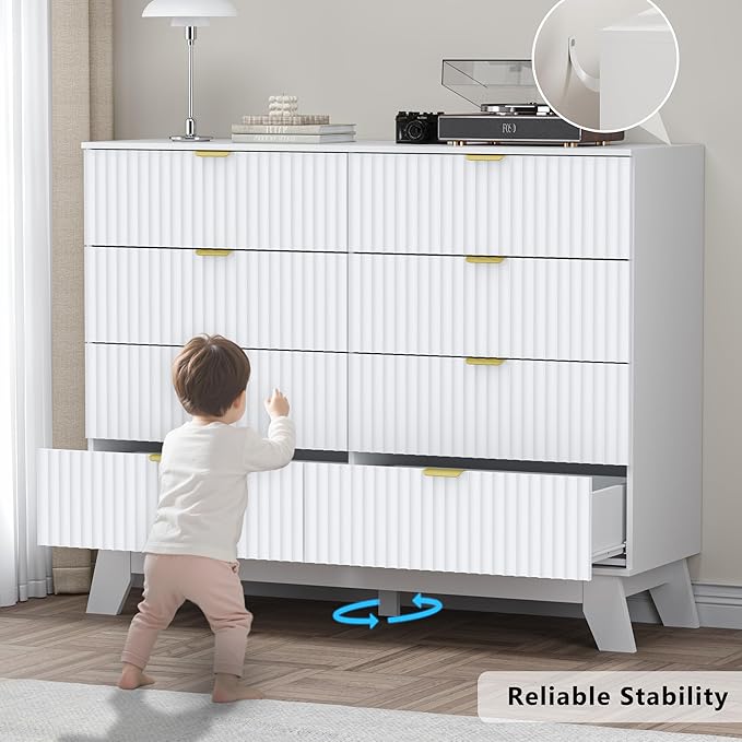 Fluted 8 Drawer Tall Dresser, 47.2" Wide Modern Boho Chest of Drawers, Wooden Storage Dresser TV Stand for Bedroom, Living Room, Closet, Hallway, Curved Profile Design