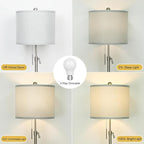 Brushed Nickel Floor Lamp for Living Room, Adjustable Height Standing Lamp with Metal Base, Tall Pole Light with Grey Shade for Bedroom, 8W 4000K 3-Way LED Bulb Included (Brushed Nickel, Grey Shade)