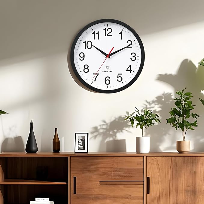 Atomic Wall Clock, Modern 12 Inch Battery Operated Wall Clocks, Analog Clock for Living Room, Office, Home, Bedroom, Kitchen, Bathroom(Black)