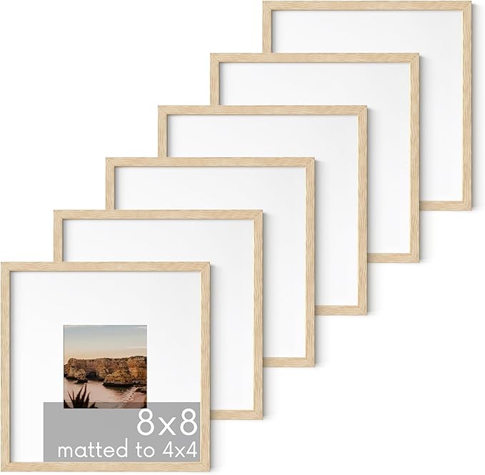 HAUS AND HUES Solid Oak Wood 8”x8” Picture Frames Matted to 4”x4” Set of 6-8x8 Standard Square Picture Frames, Photo Gallery Wall Frame Set, Beige 8x8 Picture Frames Matted (Beige Oak Frames)