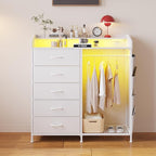 LUMTOK Modern 5 Dresser with LED Hanging Rack, Dresser with Clothes Rack, Hanger Rack, and Storage Drawers, Drawer Dressers with Coat Racks for Bedroom Living Room, Entryway, Closets (White)