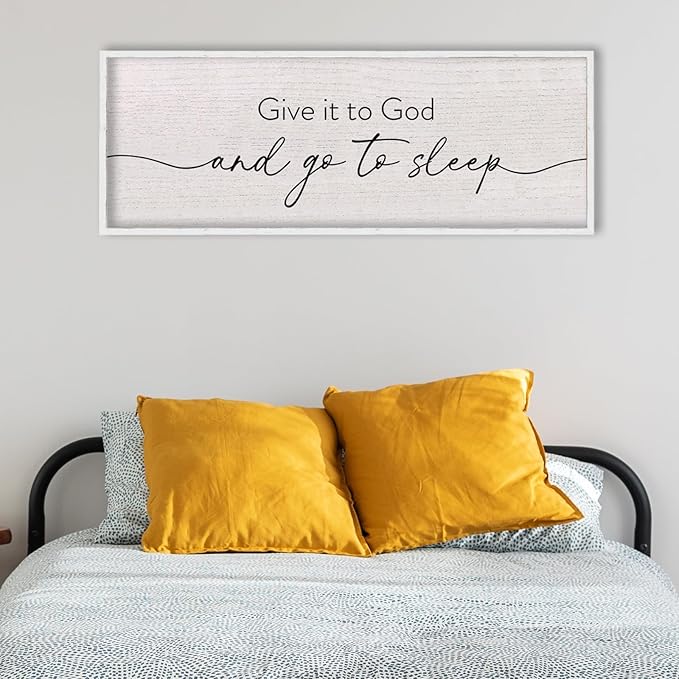 LuZhiQiang Give It To God And Go To Sleep Sign Above Over Bed Wall Decor Art 40"X15" for Master Bedroom Large Wood Framed Hanging (White)