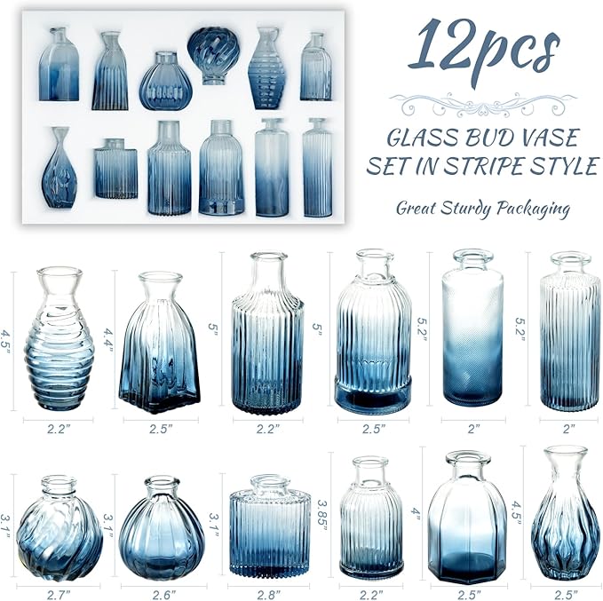 Bud Vases Set of 12, Gradient Blue Glass Vase Vintage Flower Vase for Decor Ribbed Small Bud Vases in Bulk Cute Wedding Birthday Party Centerpieces Table Decoration Home Decor