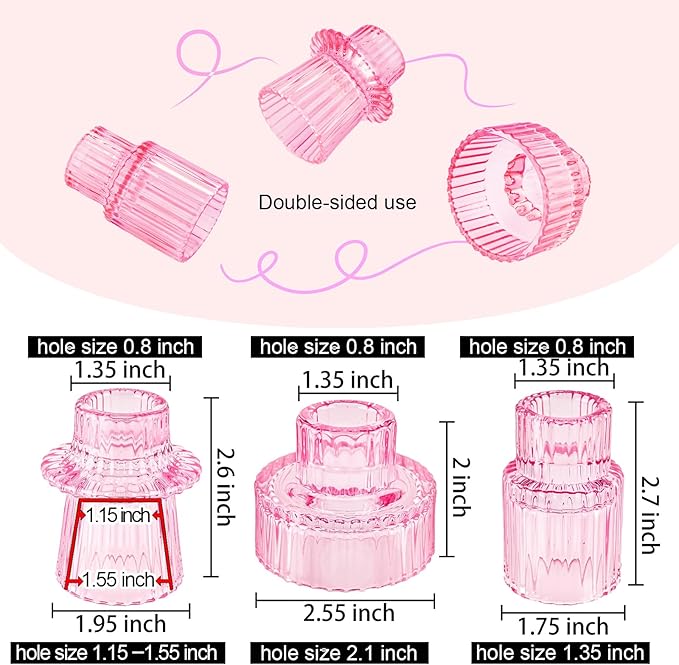 Double Sided Vintage Ribbed Taper Glass Candle Holders,Tea Candle Holder for Table Centerpieces, Wedding Decorations and Dinner Parties (Pink, 3 PCS)
