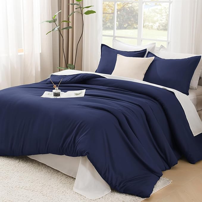 Litanika Comforters Navy Blue Super King Size, 3 Pieces Lightweight Solid Bedding Set & Collections, All Season Fluffy Bed Set (120x120In Comforter & 2 Pillowcases)