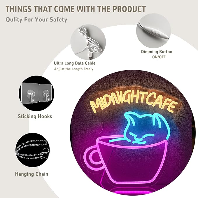 Midnight Cafe Neon Sign for Wall Decor Cat Neon Light Coffee Led Neon Signs Colorful LED Neon Light for Coffee Shop Dessert Shop Bakery Cafe Dcoration