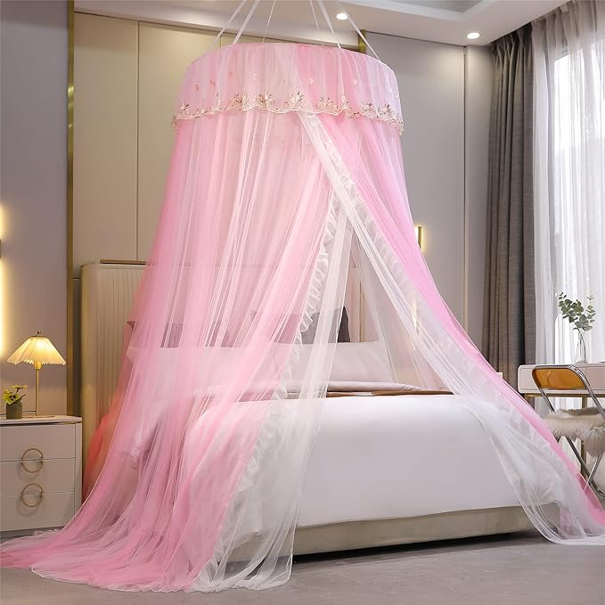 VETHIN Princess Bed Canopy for Girls Double Layer Sheer Mesh Dome Elegant Embroidery Lace Mosquito Net Bed Curtain for Full Queen King Bed with led Stars String Lights(Pink/White-1)