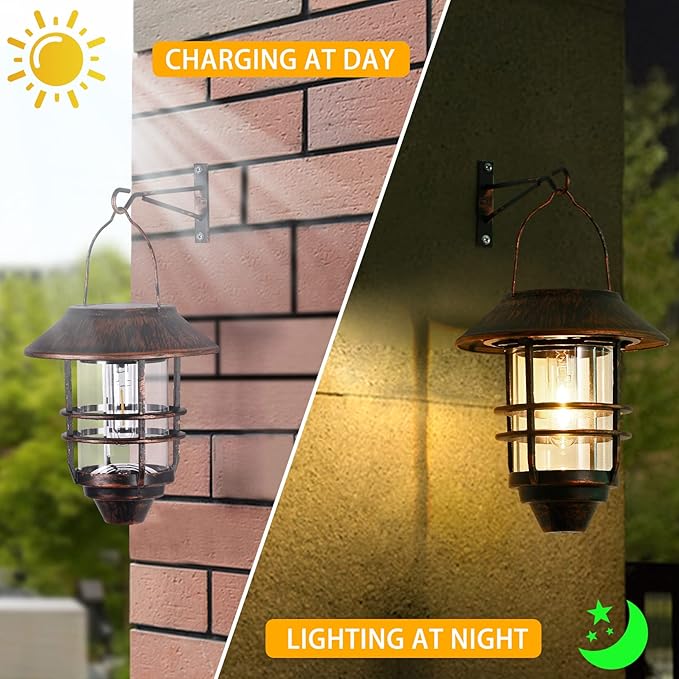 Solar Lantern Outdoor, Hanging Waterproof Solar Lights with Wall Mount Kit for Garden Porch Fence 2 Pack,Bronze