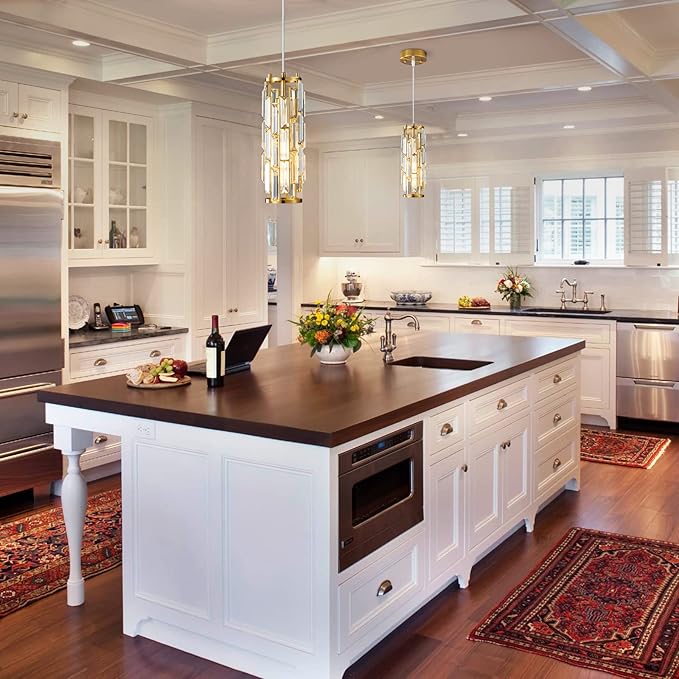 LMQNINE Pendant Lighting Modern Pendant Light, Mini Crystal Chandeliers,Adjustable Pendant Light Fixture for Kitchen Island Dinning Room Bedroom (Gold, 1-Light)