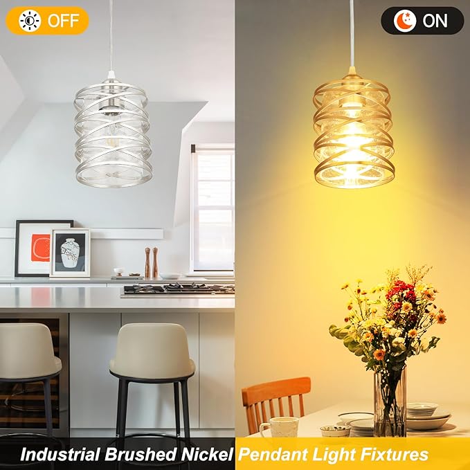 Brushed Nickel Pendant Light for Kitchen Island Spiral Iron Pendant Light Fixtures with Seeded Glass Shade, Adjustable Height Hanging Pendant Lighting for Dining Room Hallway Kitchen Foyer