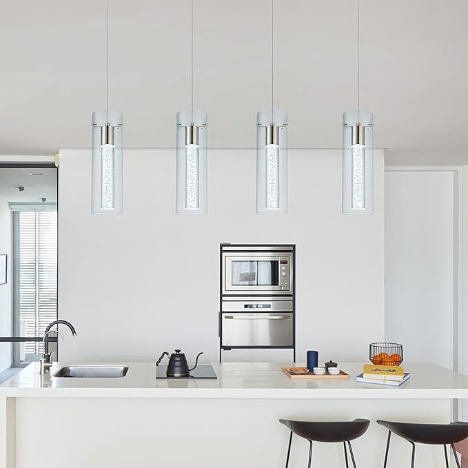 Kitchen Lighting Pendant Fixtures 4-Light LED Pendant Ceiling Fixture Brushed Nickel Bubble Cylinder Pendant Light with Adjustable Length for Kitchen Island Dinning Room Bedroom