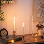 NUPTIO Hurricane Glass Candle Holder: 10 Pcs Vintage Wood Candlestick Holders 14 inch Bulk Wooden Candle Sticks Holder with Bottomless Cylinder Candleholder for Outdoor Wedding Holiday Event Decor
