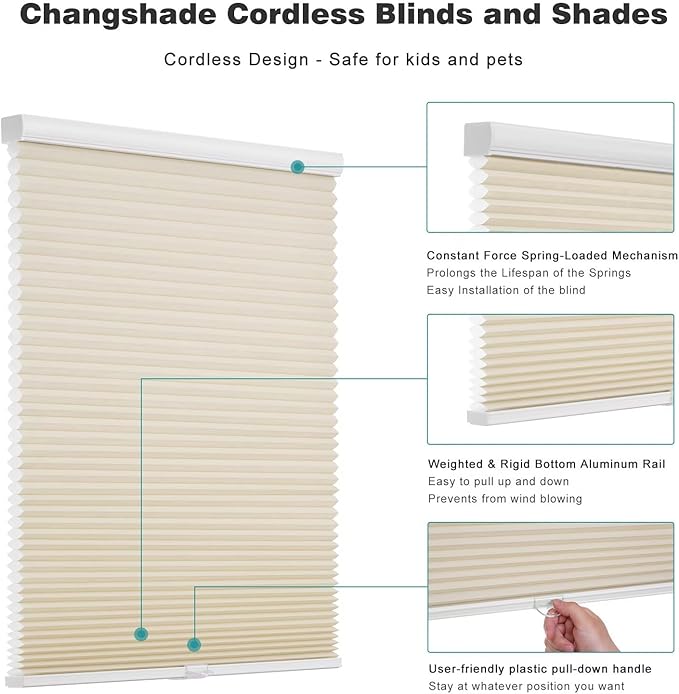 Changshade Cordless Cellular Shades, Light Filtering Honeycomb Shades for Windows, Pull Down Pleated Blinds, Easy to Install for Indoor Windows and French Doors,29" W x 50" H, Beige