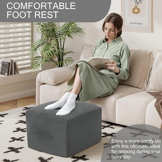 MeMoreCool Square Stuffed Pouf Ottoman Foot Rest, Floor Pouf Foot Stool with Foam Chunk Filling, Soft Stuffed Ottoman Footrest for Living Room, Dark Grey