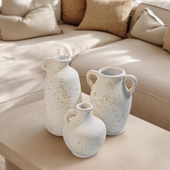 Sunddo Rustic Ceramic Flower Vase with 2 Handles, Textured Farmhouse Vase, White Modern Decorative Vases, Living Room, Shelf, Mantle, Entryway, Fireplace Decor