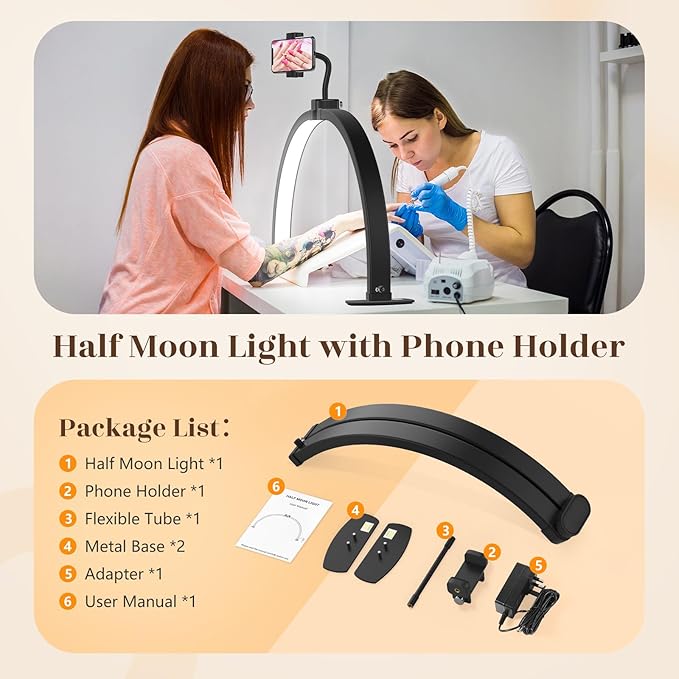 Yokilly Half Moon Light for Nail Desk: 29" Foldable Half Moon Nail Desk Lamp with Phone Holder for Beginner - Arch Tech Light with 3 Color Modes & 10 Brightness for Manicure Salon (Black, Large)