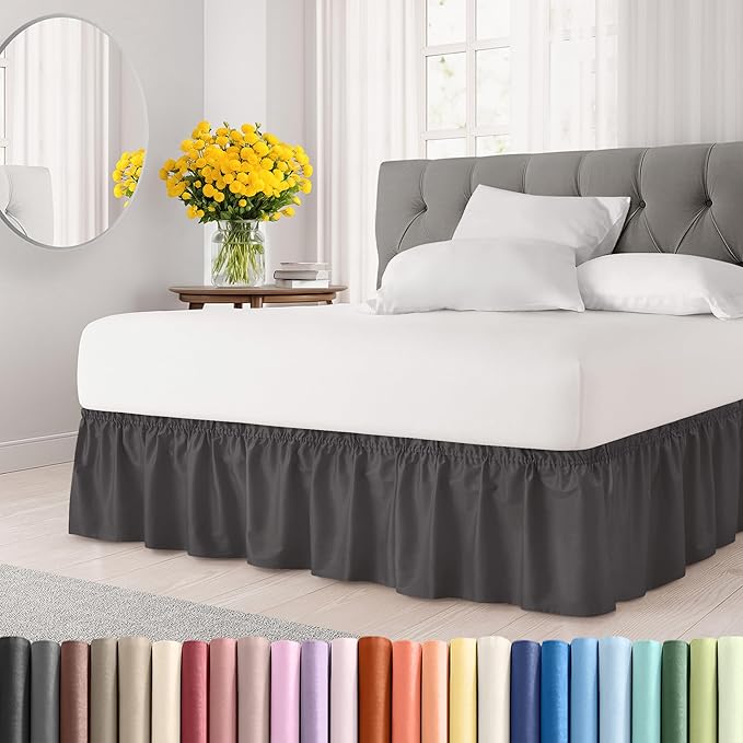 Wrap Around Dust Ruffle Bed Skirt - Dark Grey - Twin/Twin XL Size Beds with 15 Inch Drop - Elastic Strap - Adjustable Pleated Bedskirt with Brushed Fabric and Wrinkle Free - Women, Men, Kids & Teens