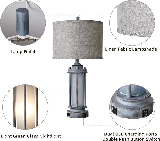 Set of 2 Rustic Table Lamps for Living Room, Farmhouse Vintage Nightstand Lamp with 2 USB Ports, Antique Retro Light Green Glass Night Light for Bedroom Entryway, 4 Bulbs Included