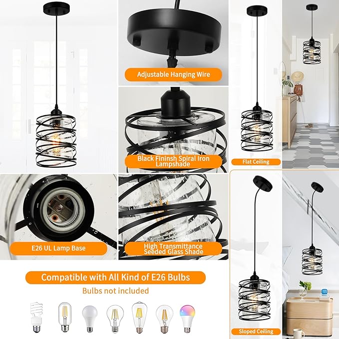 Black Pendant Lights for Kitchen Island, Industrial Farmhouse Pendant Light Fixtures with Seeded Glass Shade, Adjustable Spiral Iron Pendant Lighting for Foyer Hallway Dining Room Kitchen