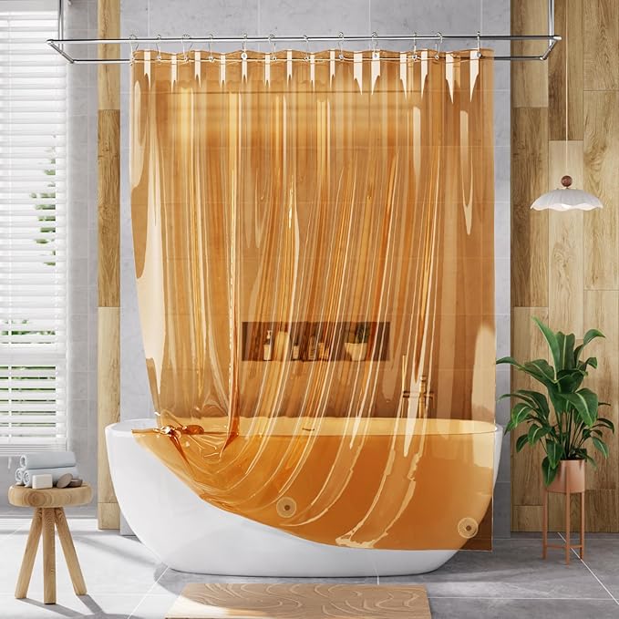 AmazerBath Shower Curtain Liner, 72x72 Transparent Orange Shower Liner, Lightweight Plastic Shower Curtain Liners, Cute Waterproof Shower Liner for Bathroom with 3 Magnets and 12 Grommet Holes