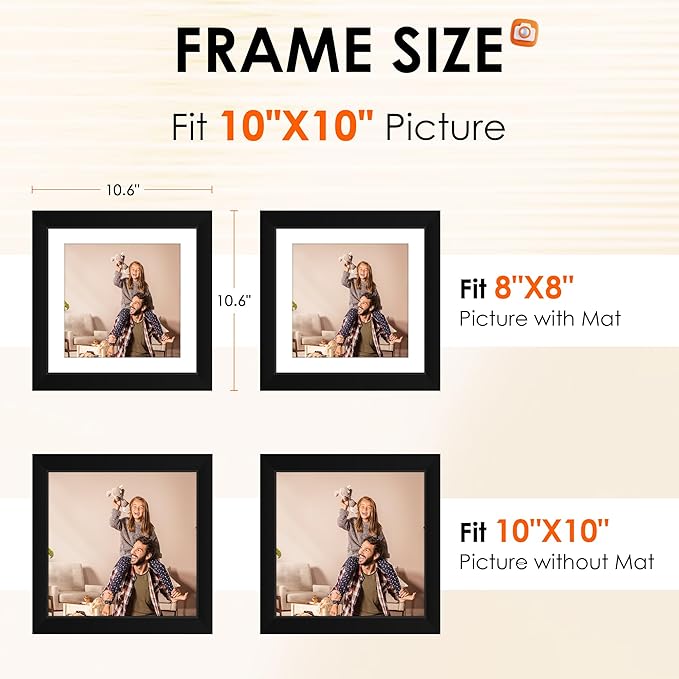 FIXSMITH 10x10 Picture Frame Set of 2, Photo Frame with HD Plexiglass, Display Pictures 8x8 with Mat or 10x10 Without Mat, Black Picture Frames Collage Wall Decor, Gallary Wall Frame
