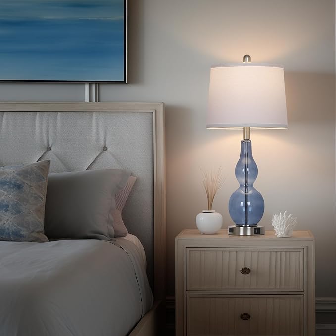 27.5" Coastal Blue Glass Double Gourd Table Lamp Set of 2,3-Way Dimmable Touch Control Bedside Lamps with USB Ports and AC Outlet, Nautical Nightstand Lamps for Bedroom Living Room