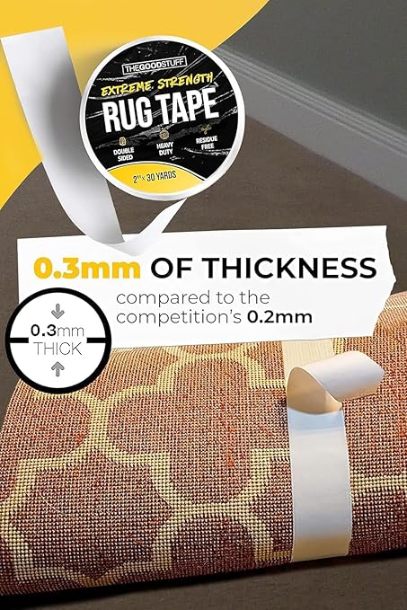 The Good Stuff Double Sided Carpet Tape [2 Inch x 10 yd] Secure Area Rugs to Carpets, Laminate, and Hardwood Floors, Easy to Remove and Restick Without Residue or Damage to Rug or Floor