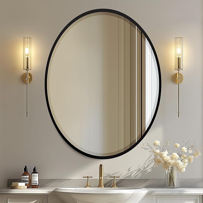 OVALCREST - Oval Wooden Beveled Wall Mirror for Home Decor, Bathroom, Vanity, Bedroom, Living Room, Hallway - London Style (Matte Black) 19.1 x 25.1