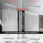 Rectangular Chandeliers 17-Lights Long Light for Entryway LED Dimmable Chandeliers Lighting Fixture Flat Sloped High Ceiling Pendant Lights Crystal for Living Room Foyer Hallway Staircase Silver
