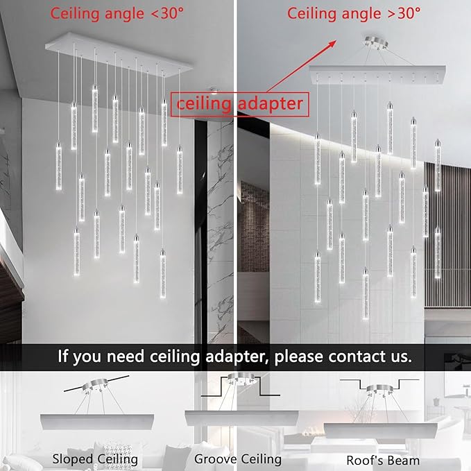 Rectangular Chandeliers 17-Lights Long Light for Entryway LED Dimmable Chandeliers Lighting Fixture Flat Sloped High Ceiling Pendant Lights Crystal for Living Room Foyer Hallway Staircase Silver
