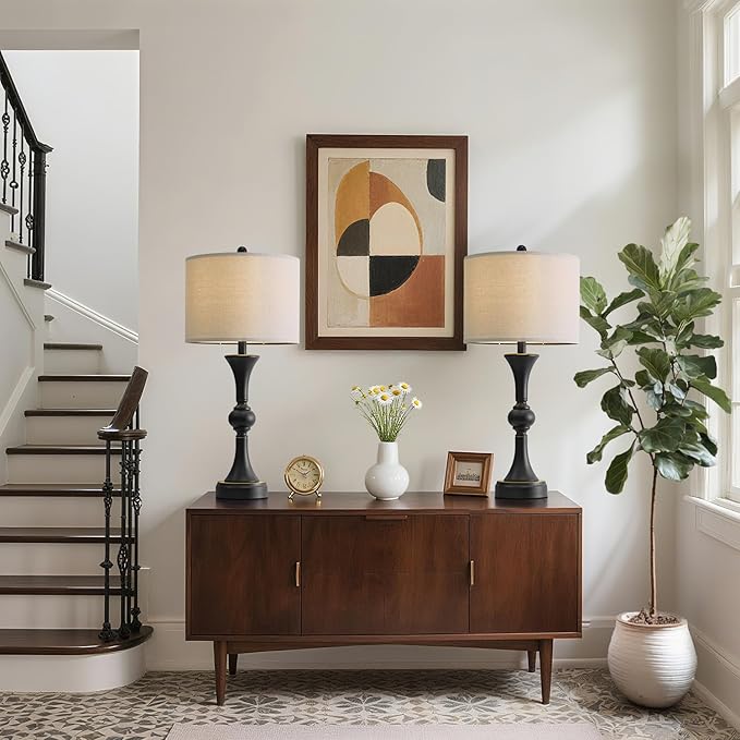 Oneach 28" Modern Table Lamps Set of 2 for Living Room, Bedside Lamps with USB Ports, Black Nightstand Lamps Set for Bedroom Farmhouse Lamp End Table Lamps (Bulbs not Included)