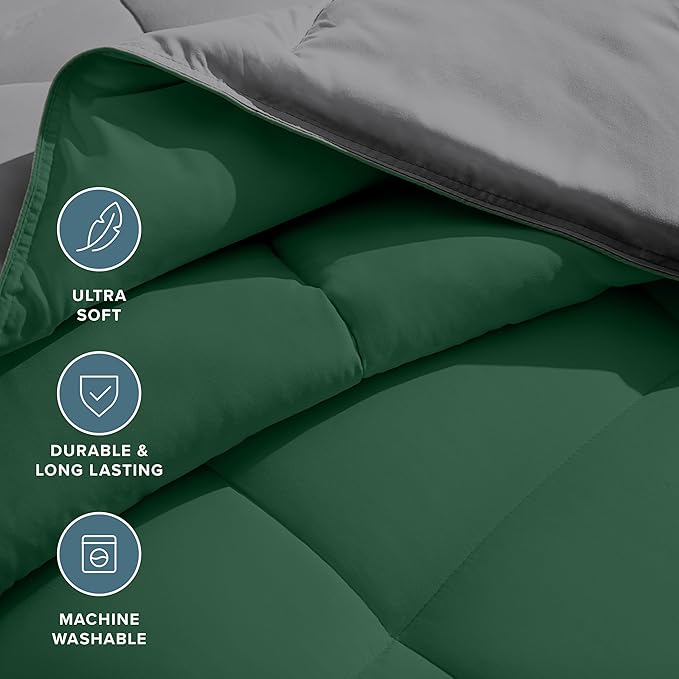 Bare Home Full Comforter - Reversible Colors - Goose Down Alternative - Ultra-Soft - Premium 1800 Series - All Season Warmth - Bedding Comforter (Full, Grey/Forest Green)