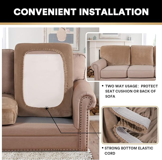 PrinceDeco Stretch Velvet Couch Cushion Cover,Soft Cushion Slipcover for Chair Cushion Furniture Protector Seat Cushion Sofa Cover Width Up to 29.5", Camel