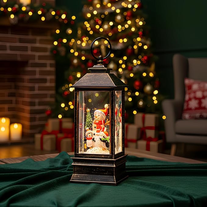 10'' Musical Snow Globe Lantern Lighted Snowman with Penguin Water Lantern Swirling Glittering Home Decoration and Gift, Battery Operated or USB Powered