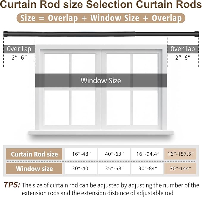 Matte Black Curtain Rod 16-157.5 Inch Iron Extra Long Industrial Commercial Residential Large Spaces Wall Brackets Included Professional Grade Construction