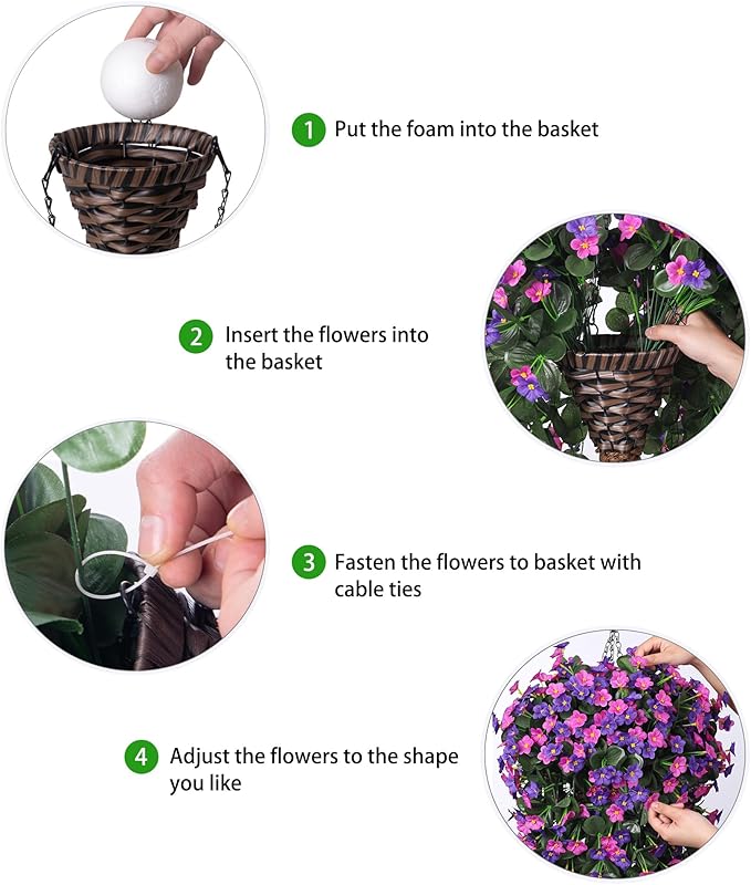 Artificial Fake Hanging Flowers with Basket for Outdoor Decoration,UV Resistant Faux Silk Dark Purple and Fuchsia Orchid Flowers Vines in Planter Realistic Hanging Baskets for Home Porch Garden